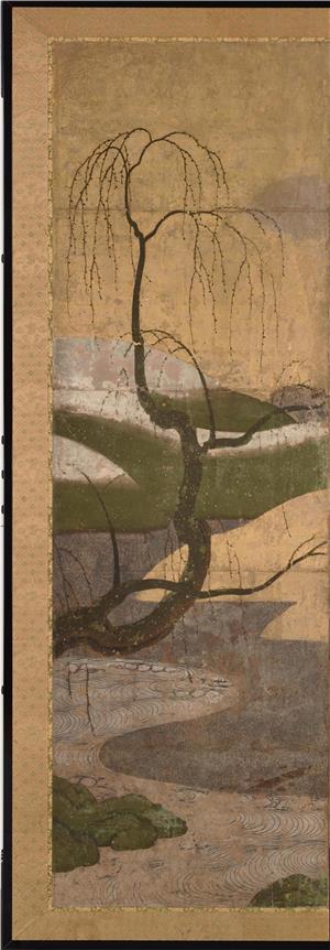 日本室町时代-日月山水图屏风纸本-148.1×312cm-月分屏-06-水彩画 